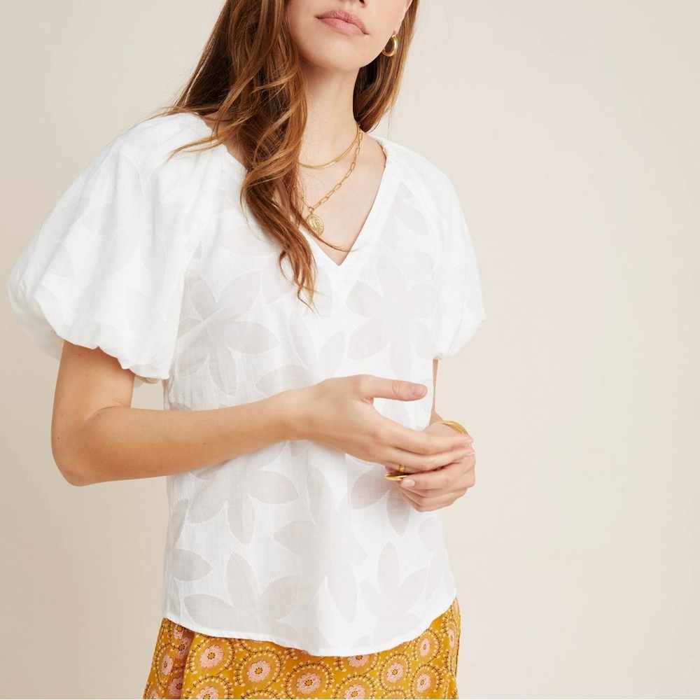Anthropologie Amelie Blouse White Floral Aplique Puff Sleeve Top Medium